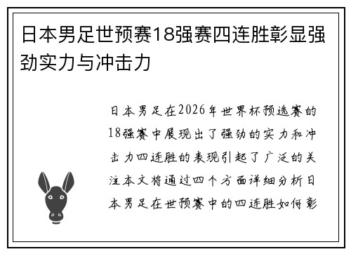 日本男足世预赛18强赛四连胜彰显强劲实力与冲击力 日本男足世预赛18强赛四连胜彰显强劲实力与冲击力